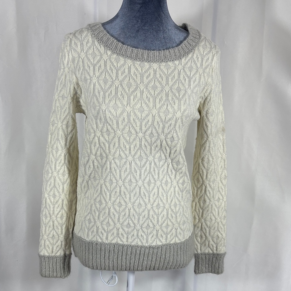 LOFT Cream Cable-Knit Sweater with Gray Trim